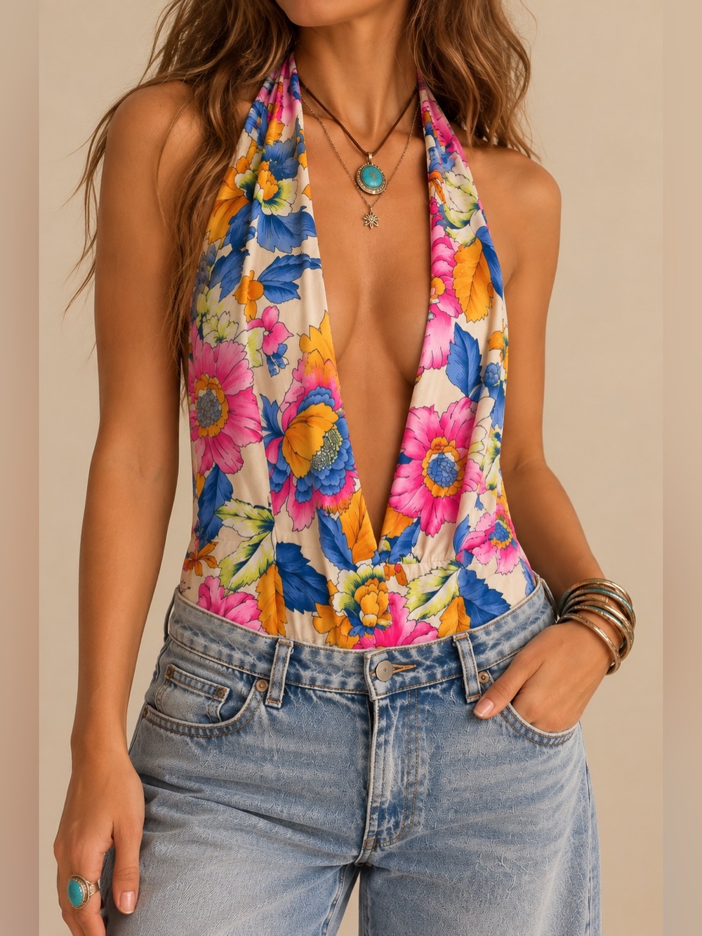 Robin-K XS Floral Plunge Halter Bodysuit Y2K Backless Boho Resort